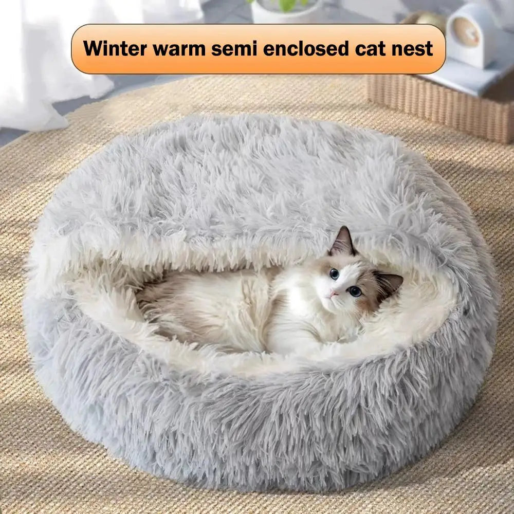 Cama para mascotas 2 en 1 de felpa suave de 50 cm con funda, cama redonda para gatos, colchón para cachorros, nido cálido para dormir para gatos y perros pequeños.