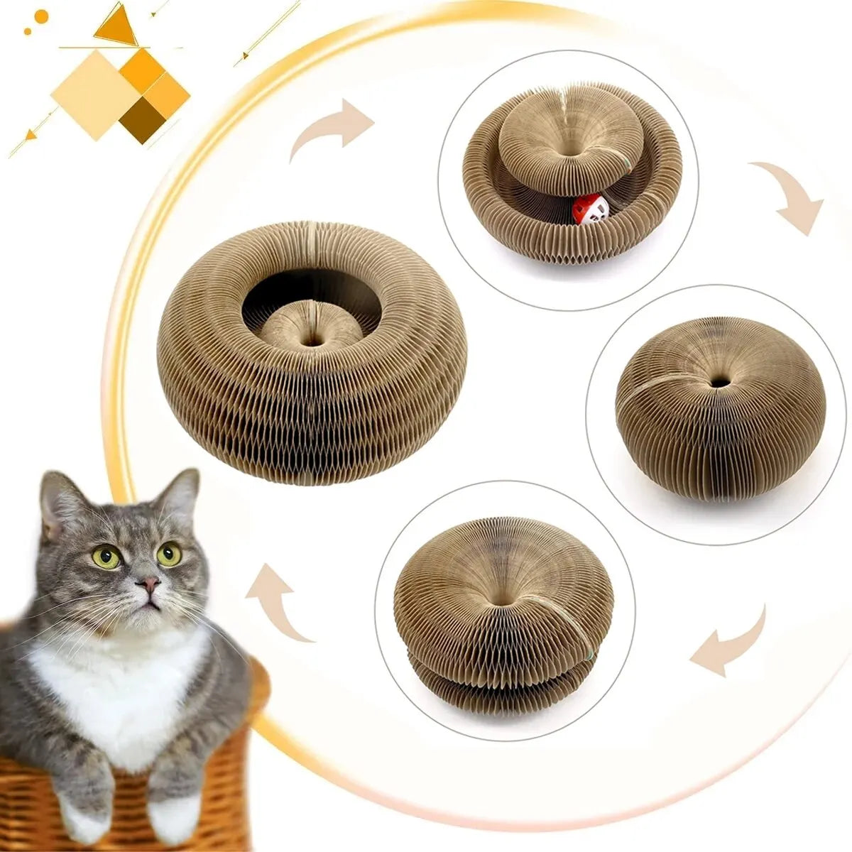 Juguete mágico para gatos: rascador con pelota, garras afiladas, estructura para trepar, rascador redondo de cartón corrugado para gatitos.